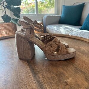Katy Perry Womens The Meadow Camel Brown Woven Boho Platform Sandals Heels Shoes